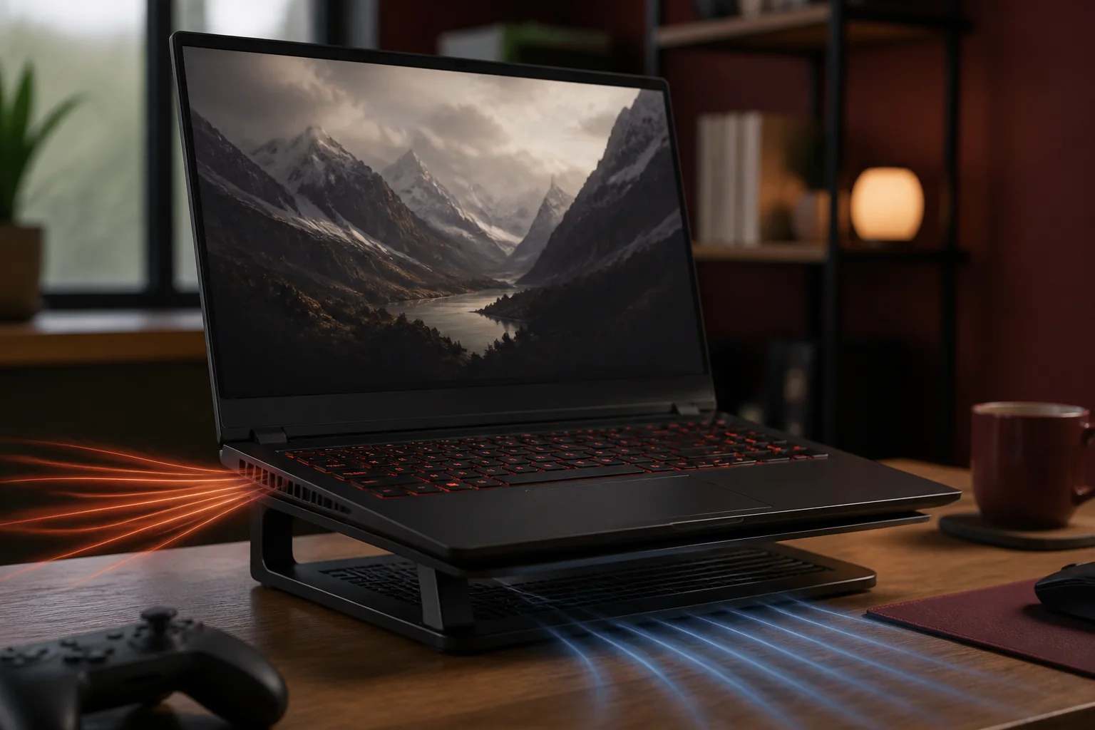 Gaming laptop raised on a ventilated stand with clear intake and exhaust airflow