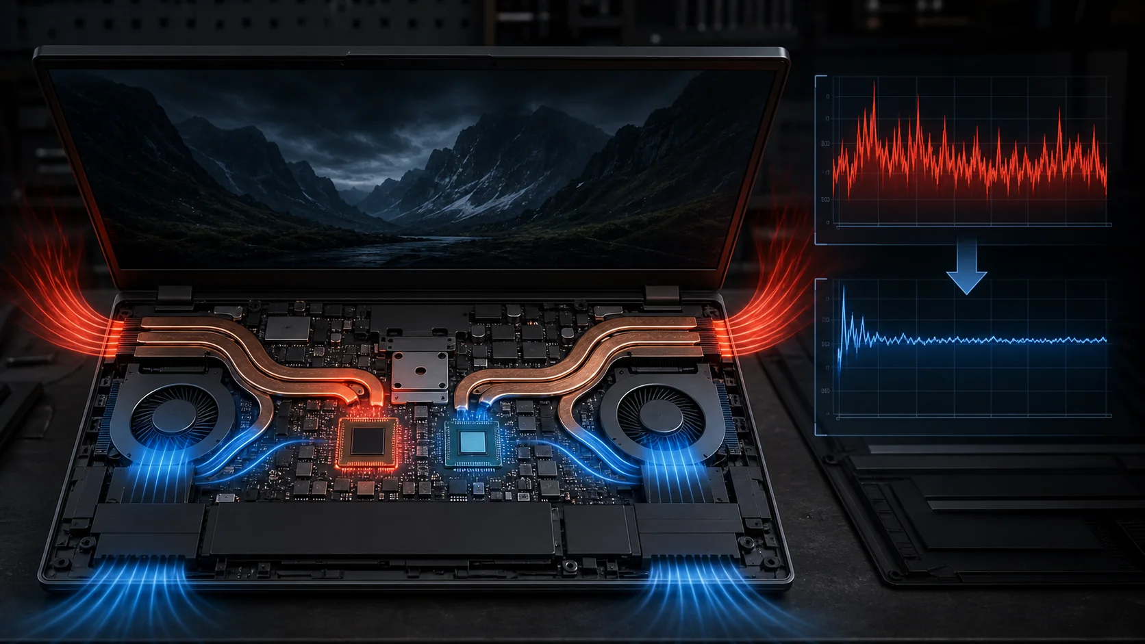Gaming laptop cooling system showing heat pipes fans and thermal zones