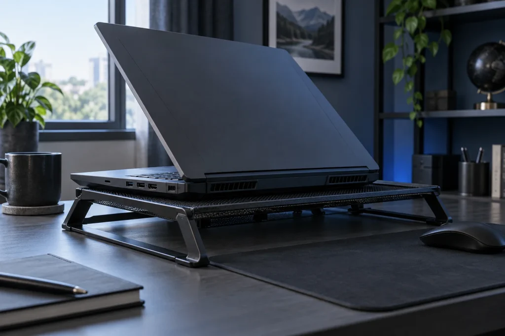 Gaming laptop resting on a raised mesh cooling stand on a desk