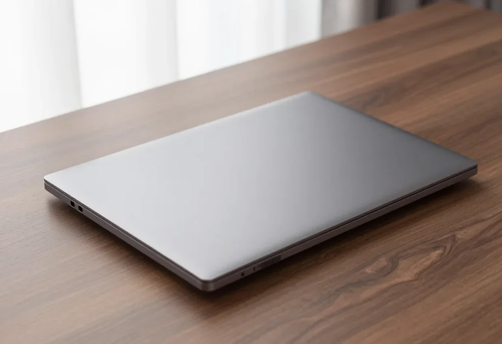 Closed charcoal laptop on a wooden desk in soft window light