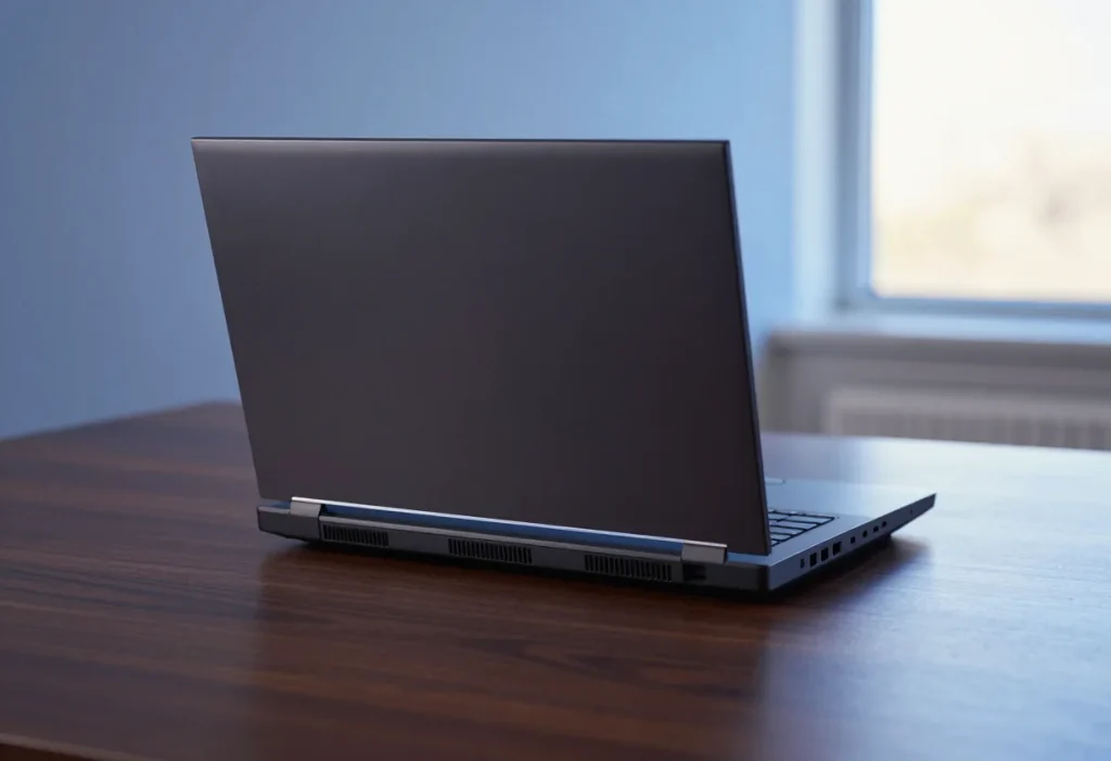 Rear view of an open black gaming laptop with cooling vents on a wooden desk