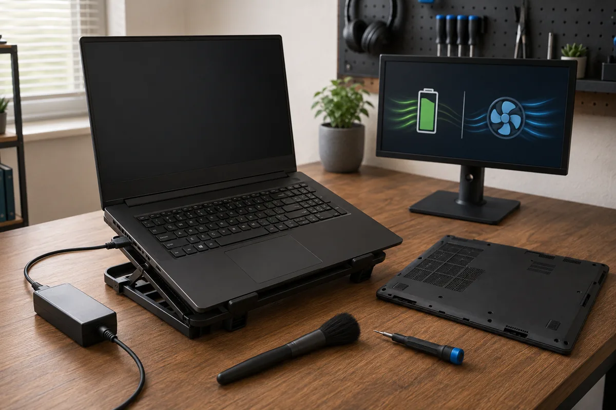 Gaming laptop on a ventilated stand beside its power adapter and a small maintenance toolkit